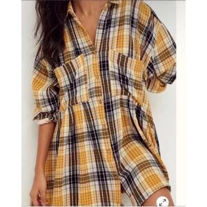 Free People The Voyage Yellow Plaid Long Sleeve Button Up Shirt Dress S